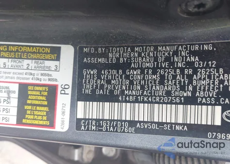 2012 Toyota Camry Le z USA, uszkodzony, nr VIN 4T4BF1FK4CR207561